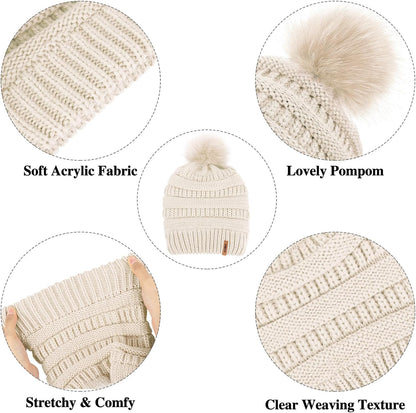 Womens Winter Warm Sets Knitted Fur Pompoms Beanie Hat Circle Loop Scarf Touch Screen Gloves Winter Favor Accessories